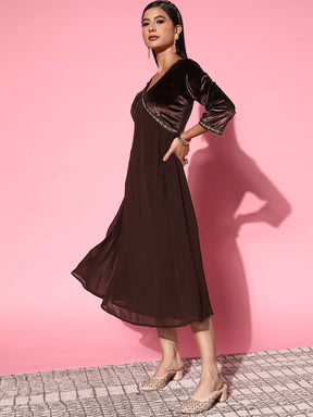 Women Brown Velvet Zari Embroidered Dress