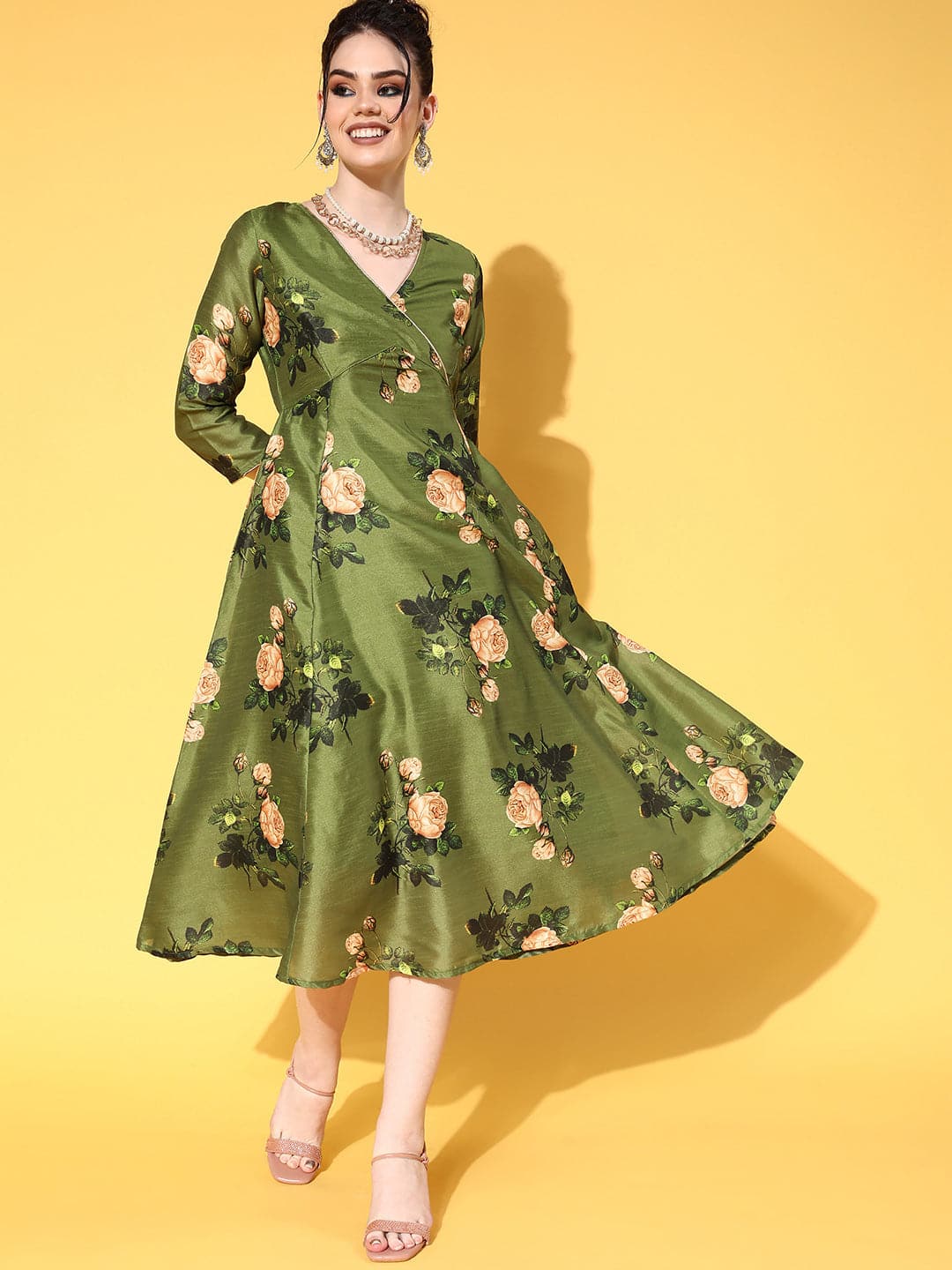 Green Floral Chanderi Wrap Anarkali Dress-Shae by SASSAFRAS