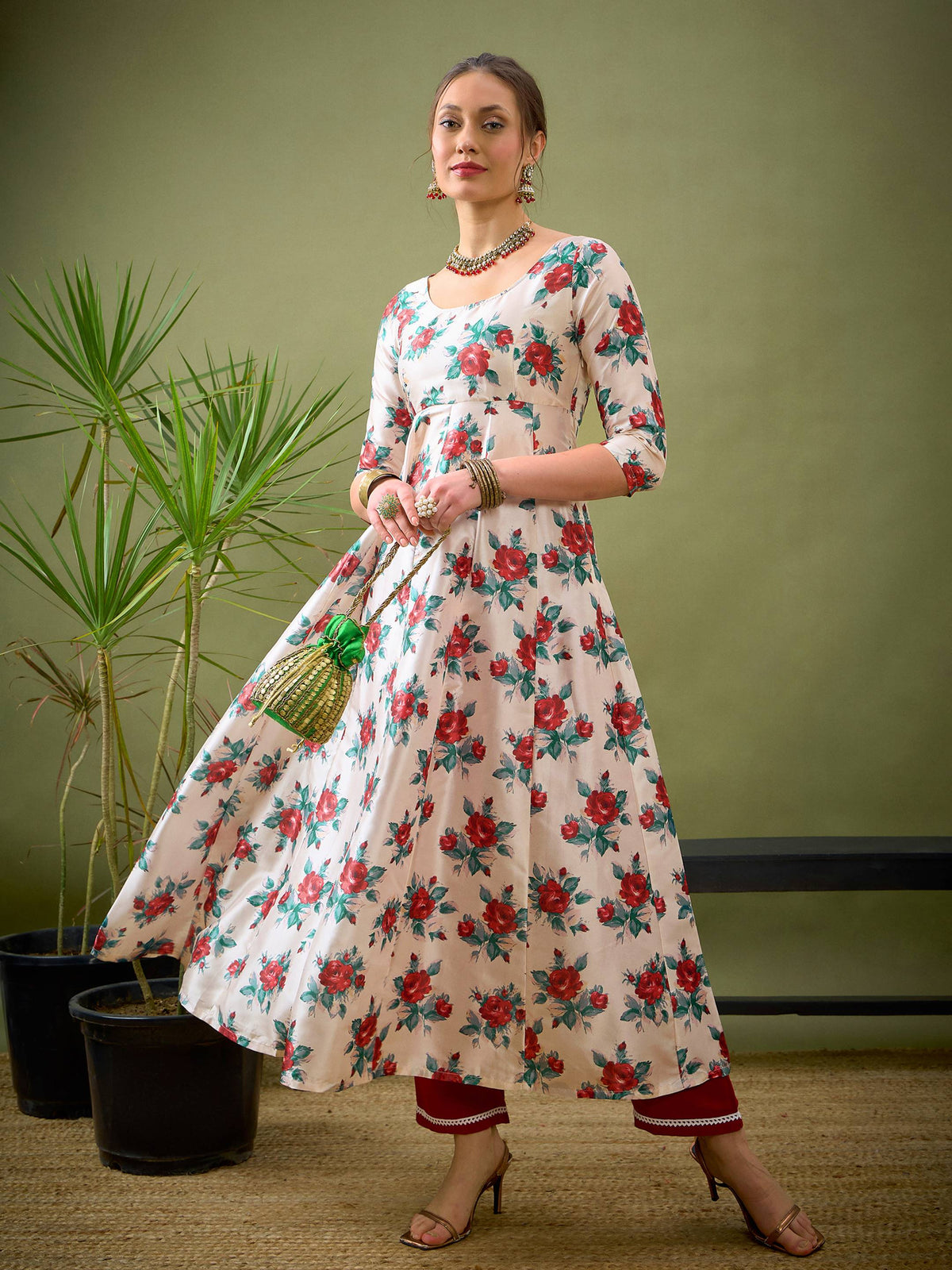 Cream Floral Anarkali Maxi Dress-Shae by SASSAFRAS