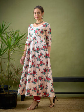 Cream Floral Anarkali Maxi Dress-Shae by SASSAFRAS