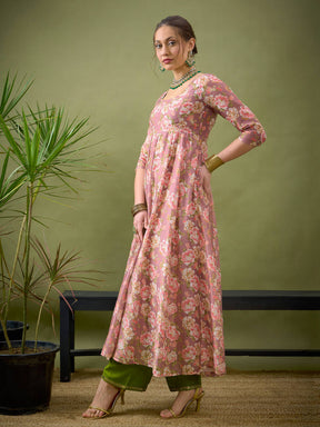 Mauve Chanderi Floral Anarkali Maxi Dress-Shae by SASSAFRAS