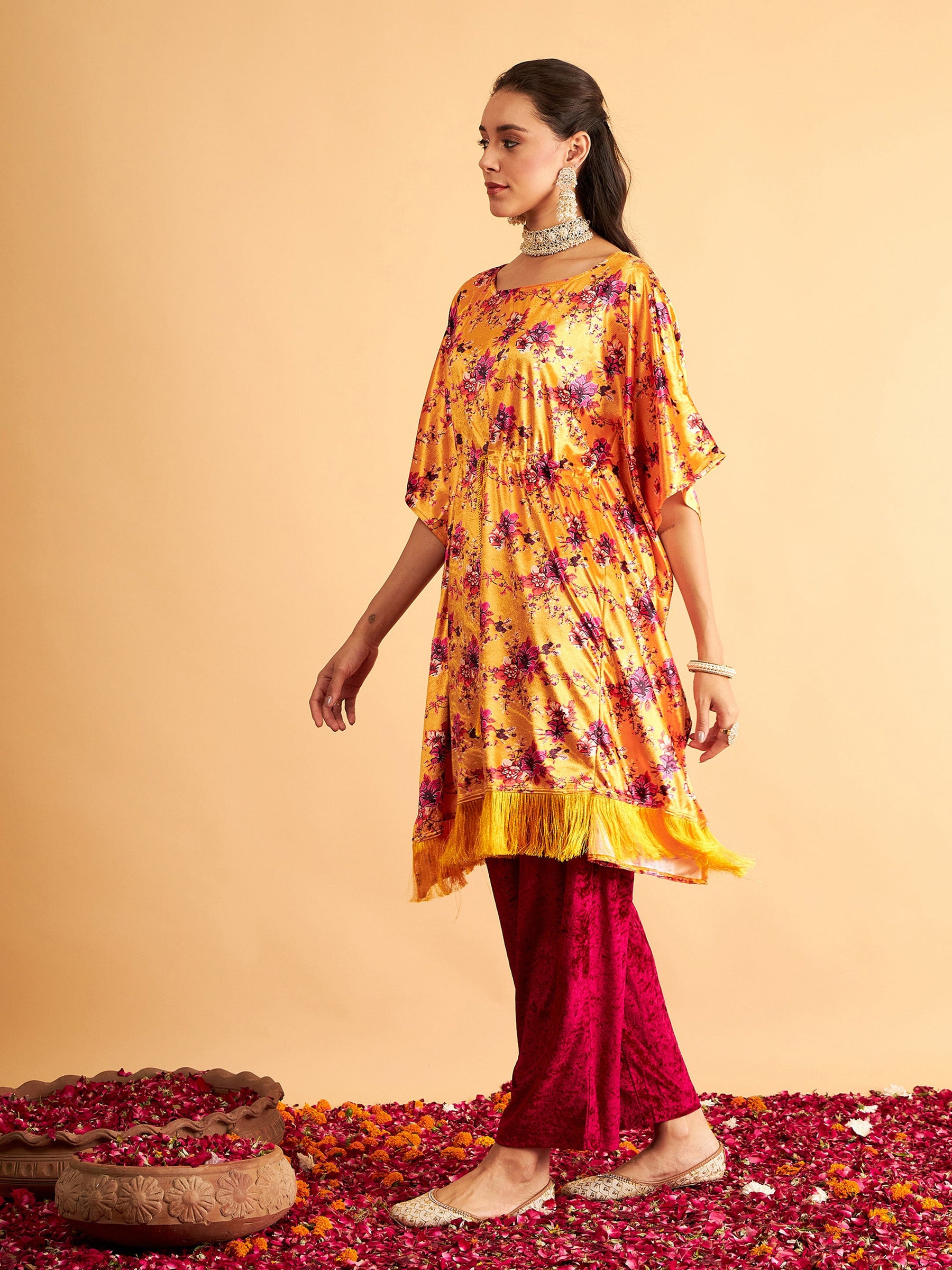 Orange Floral Velvet High Low Kaftan Dress-Shae by SASSAFRAS