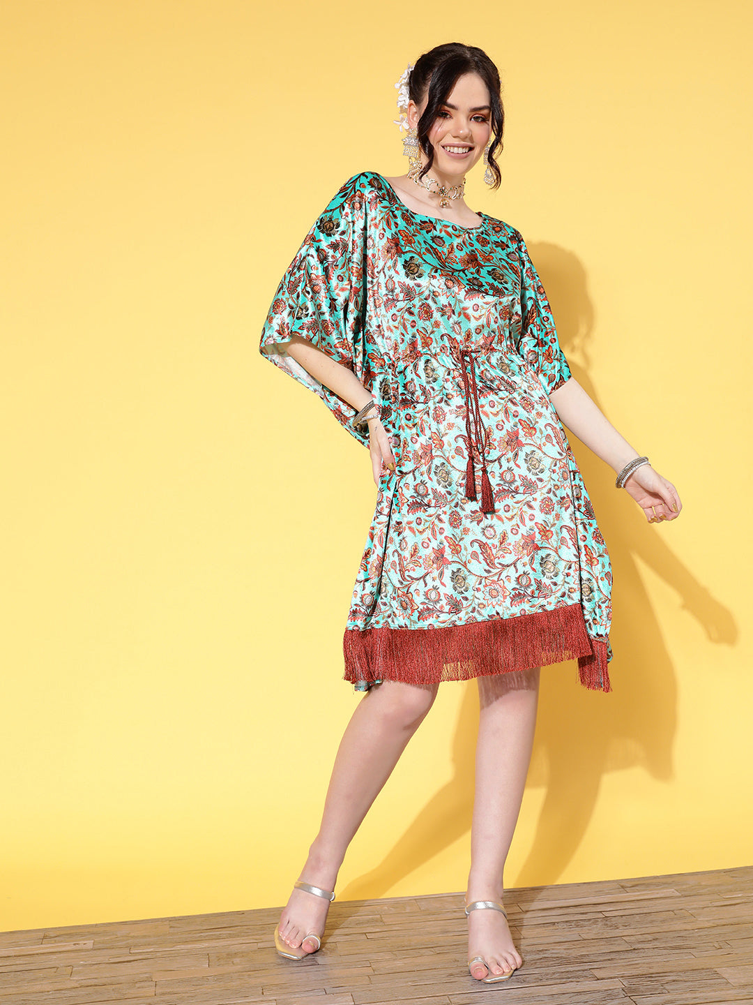 Sea Green Floral Velvet High Low Kaftan Dress-Shae by SASSAFRAS