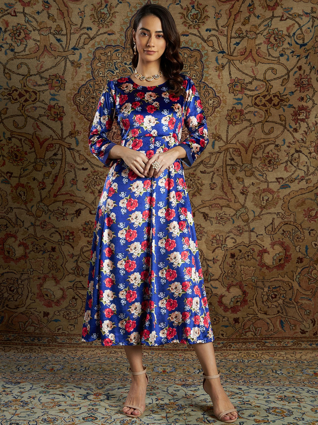 Royal Blue Floral Velvet Printed Anarkali Dress-Shae by SASSAFRAS