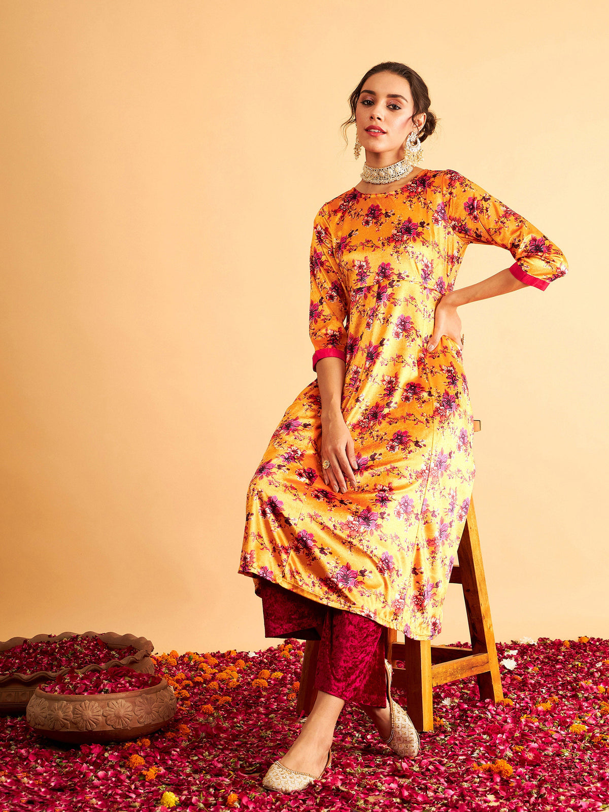 Orange Floral Velvet Printed Anarkali Dress-Shae by SASSAFRAS