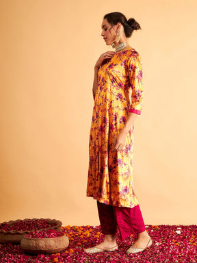 Orange Floral Velvet Printed Anarkali Dress-Shae by SASSAFRAS
