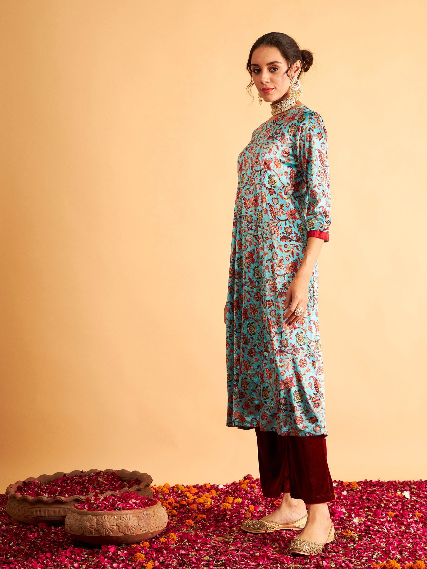 Sea Green Floral Velvet Printed Anarkali Dress-Shae by SASSAFRAS