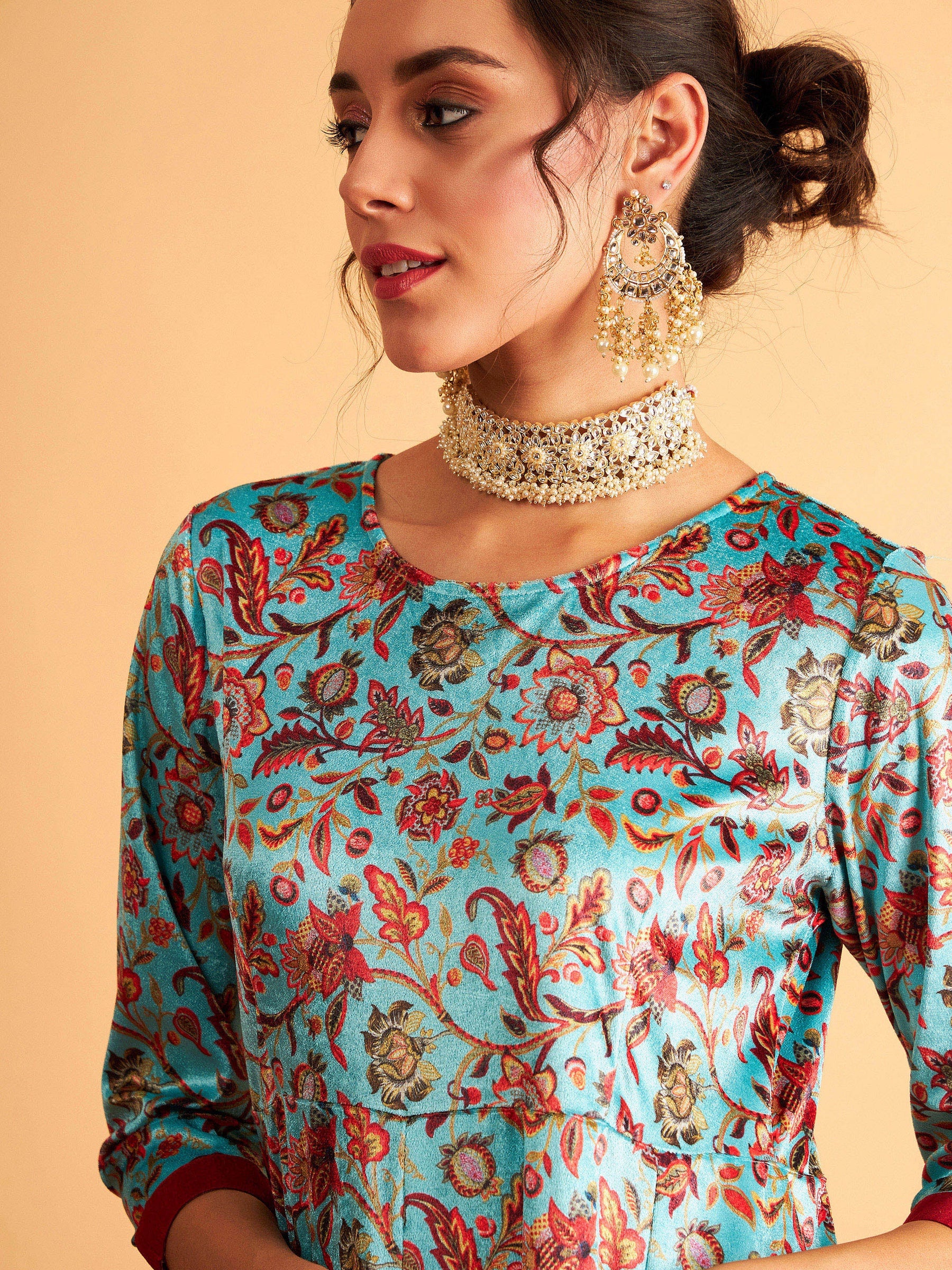 Sea Green Floral Velvet Printed Anarkali Dress-Shae by SASSAFRAS