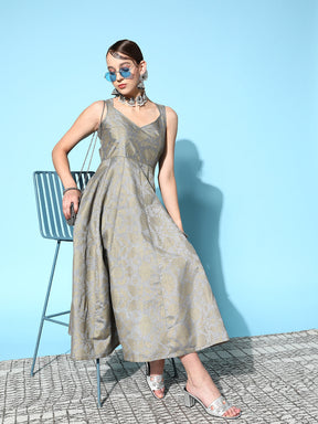 Grey Brocade Floral Sweetheart Anarkali Dress-Shae by SASSAFRAS