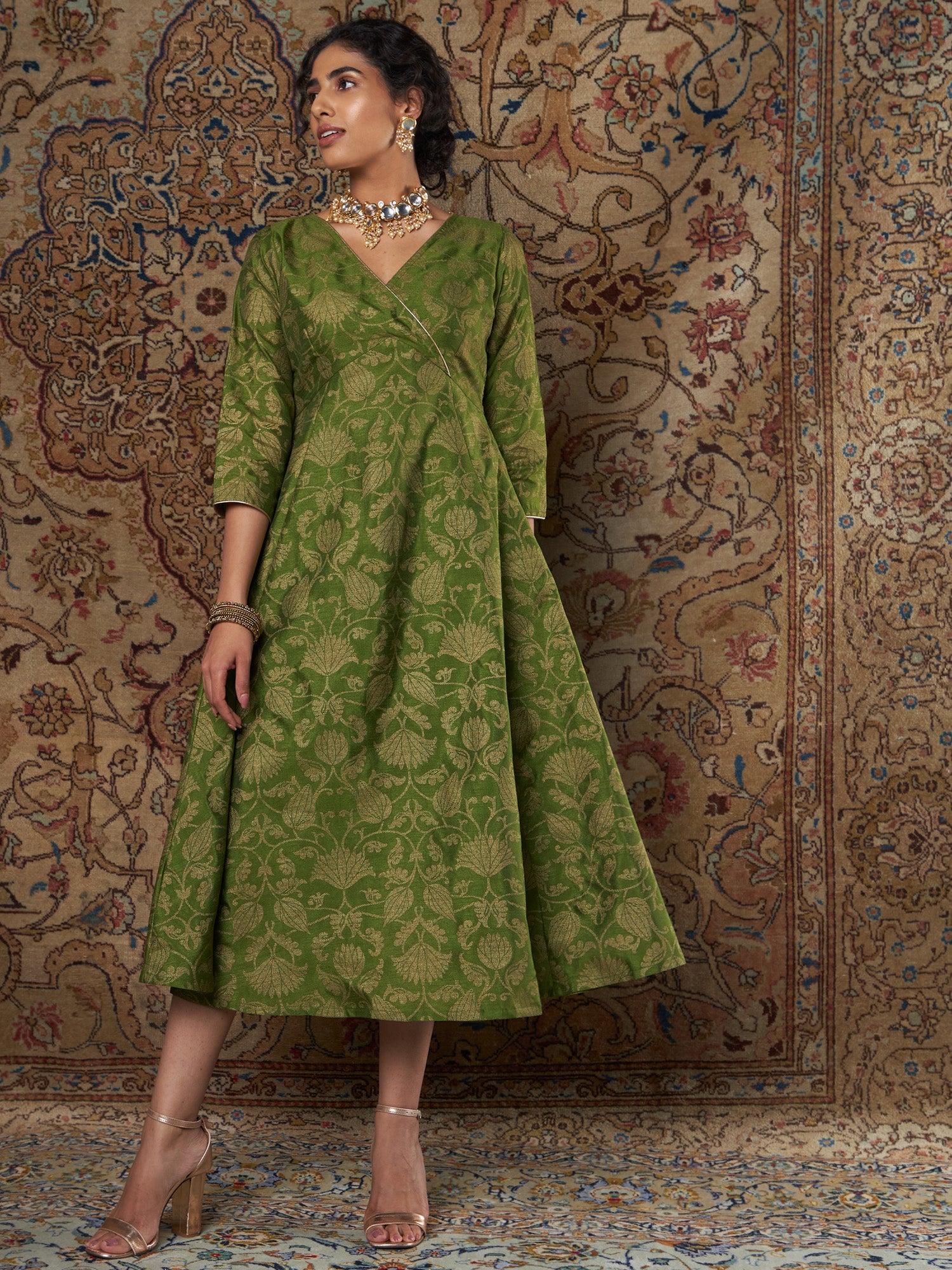 Buy Women Green Brocade Floral Anarkali Dress Online at Sassafras