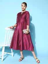 Burgundy Cotton Silk Foil Anarkali Dress-Shae by SASSAFRAS