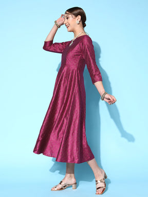 Burgundy Cotton Silk Foil Anarkali Dress-Shae by SASSAFRAS