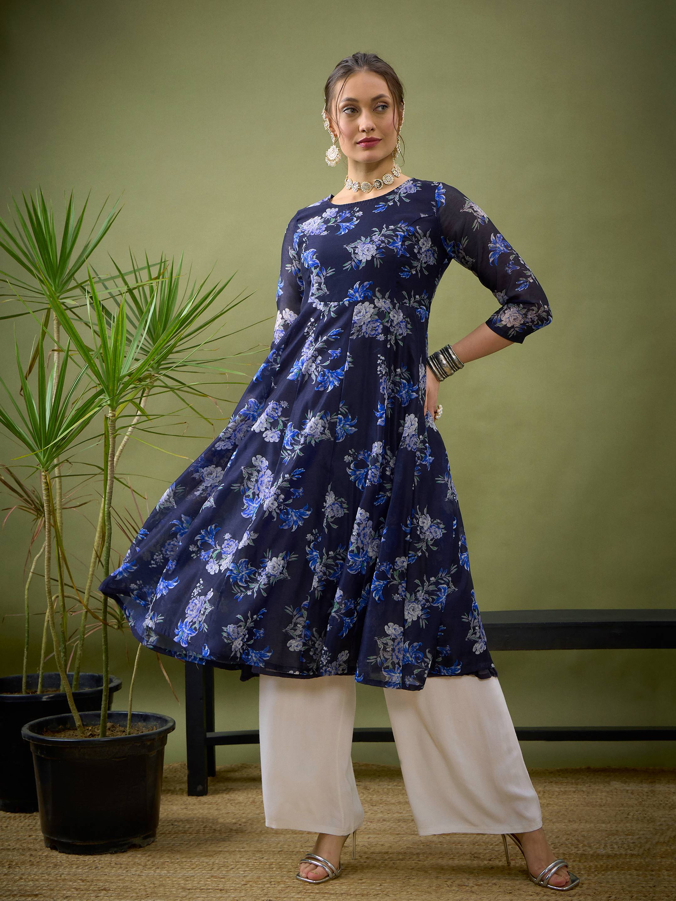 Navy Floral Anarkali Maxi Dress -Shae by SASSAFRAS