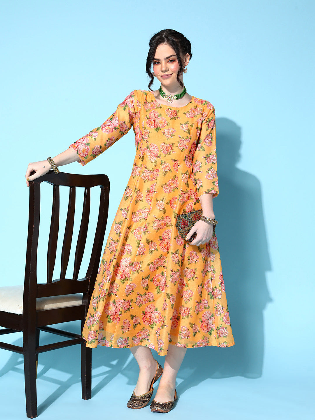 Yellow Floral Anarkali Maxi Dress-Shae by SASSAFRAS