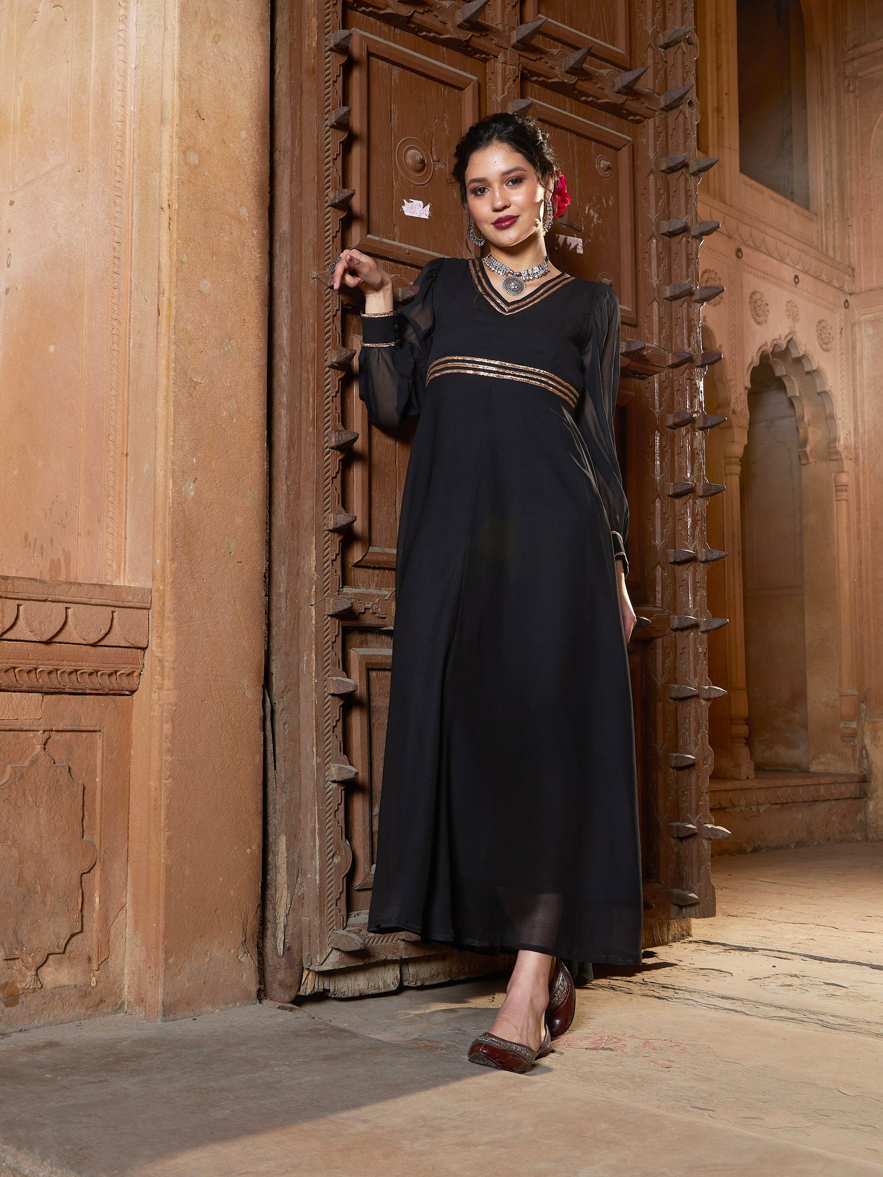 Black Lace Detail Chiffon Maxi Dress-Shae by SASSAFRAS