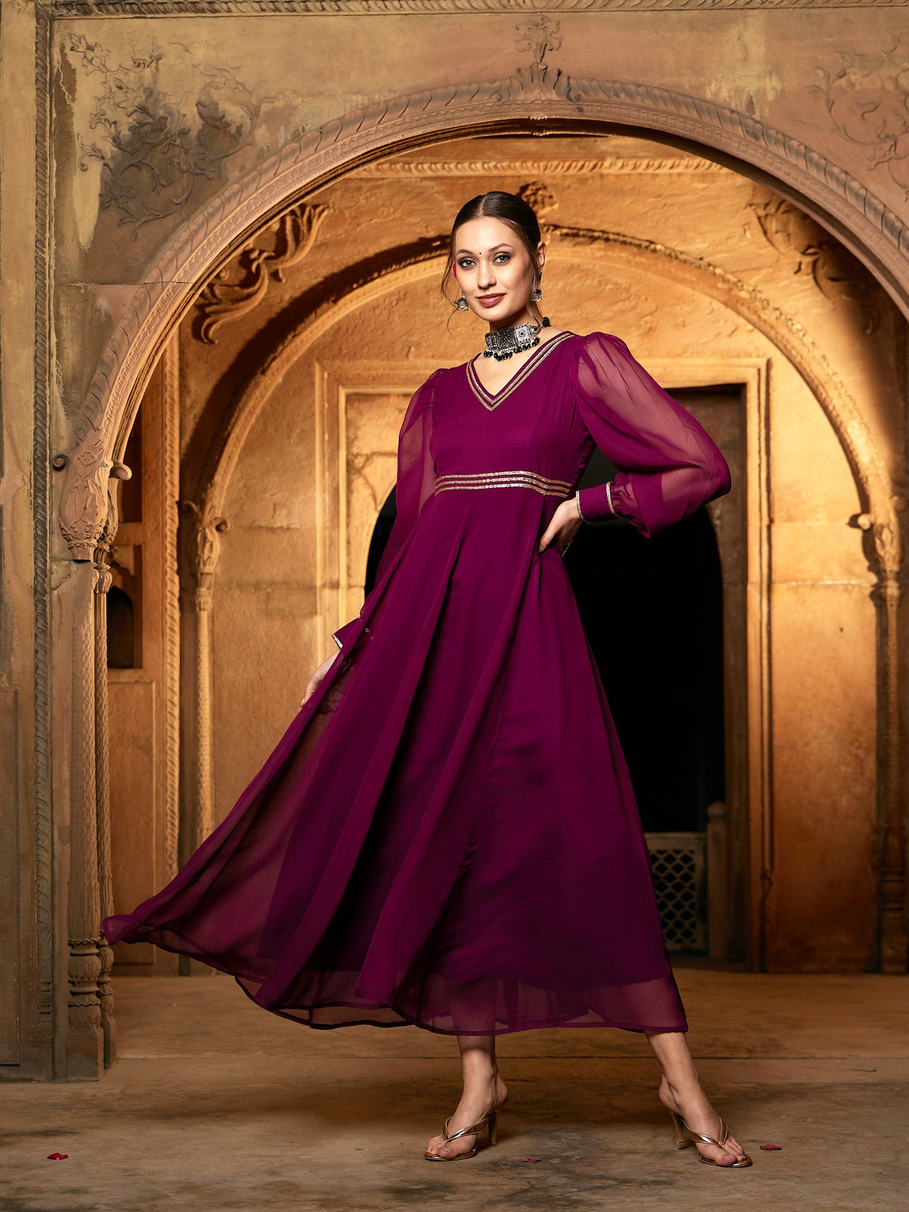 Burgundy Lace Detail Chiffon Maxi Dress-Shae by SASSAFRAS