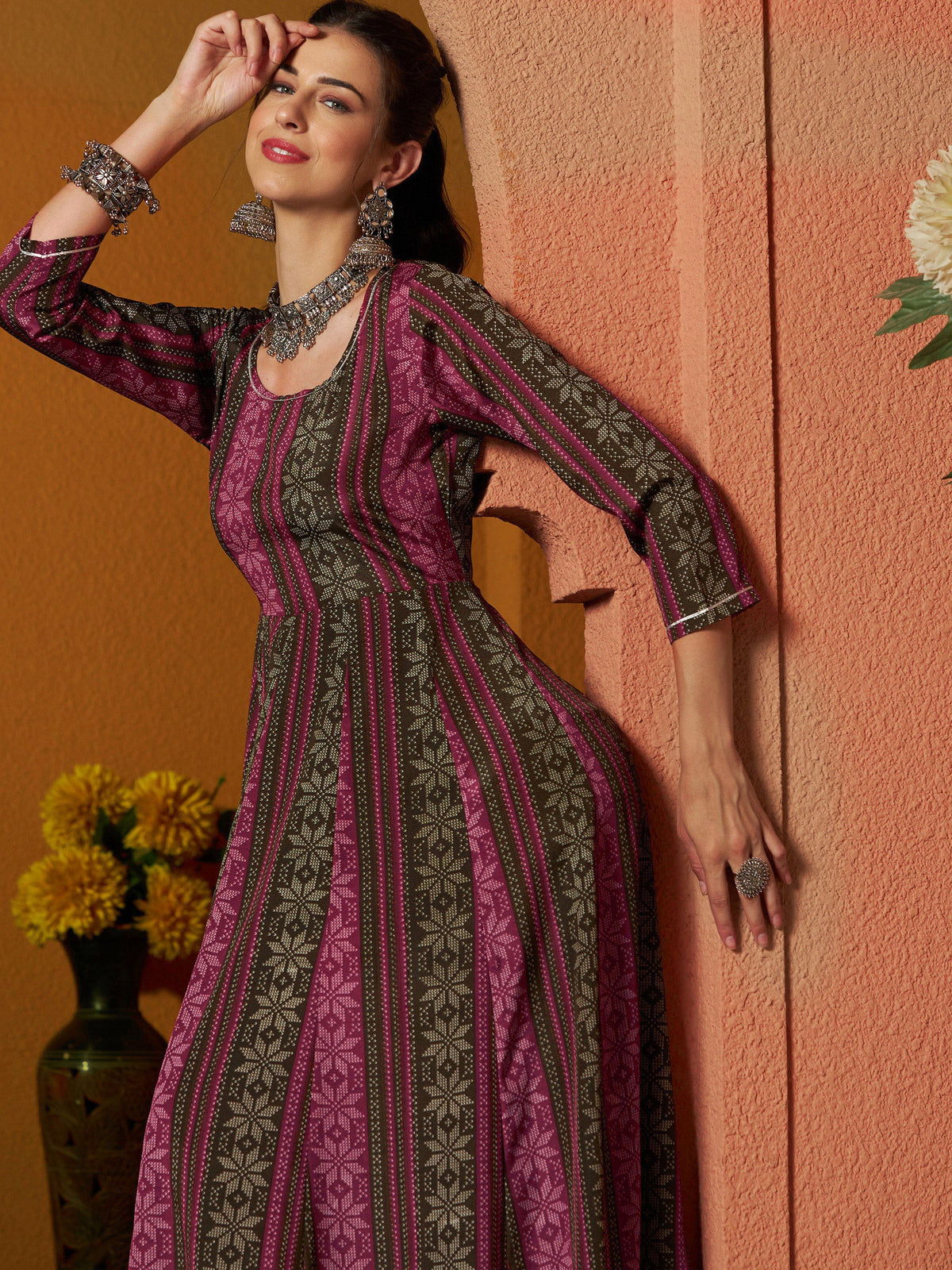 Maroon Geometric Floral Anarkali Maxi Dress-Shae by SASSAFRAS