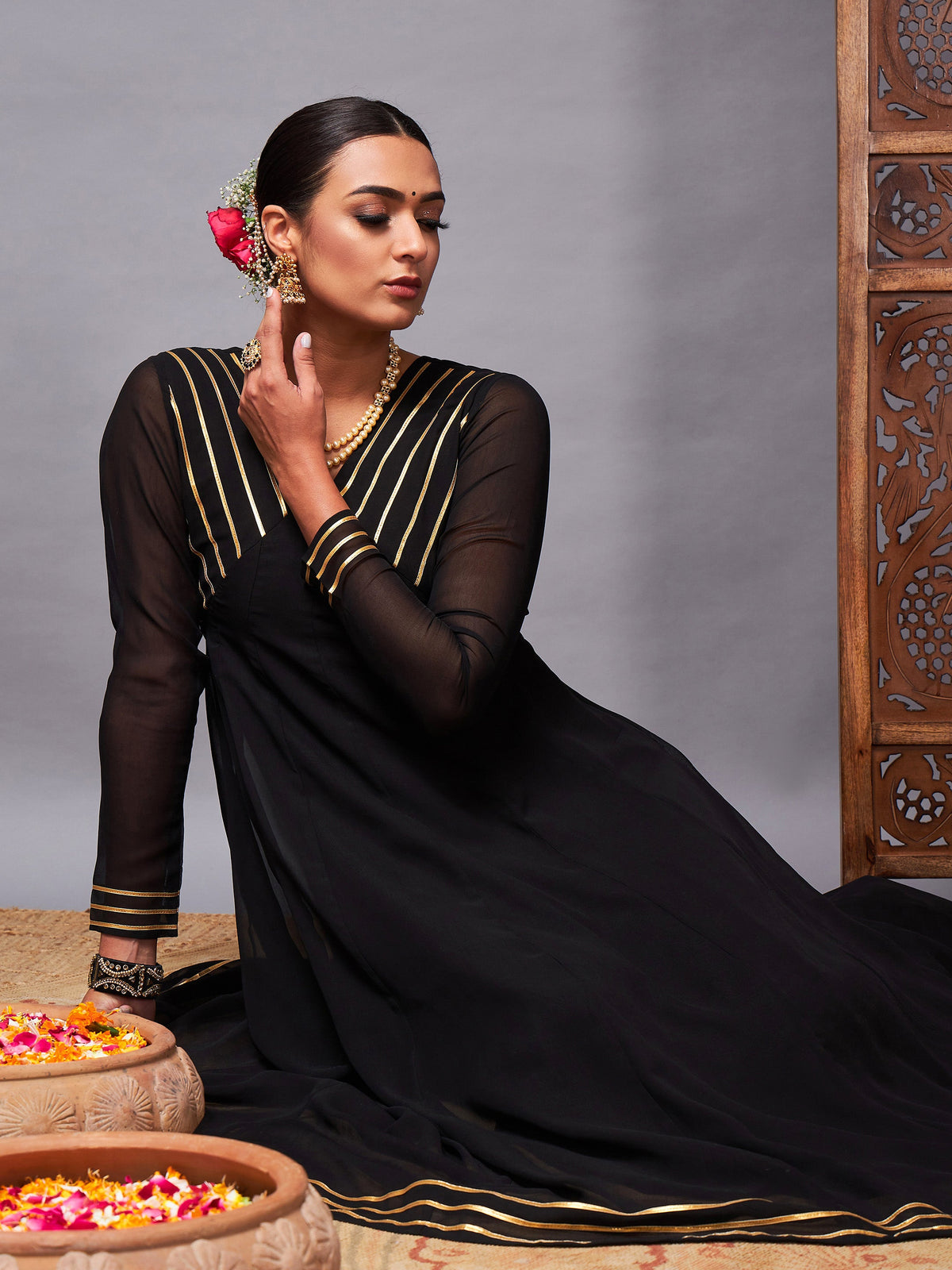 Black Gota Lace Detail Anarkali Maxi Dress-Shae by SASSAFRAS