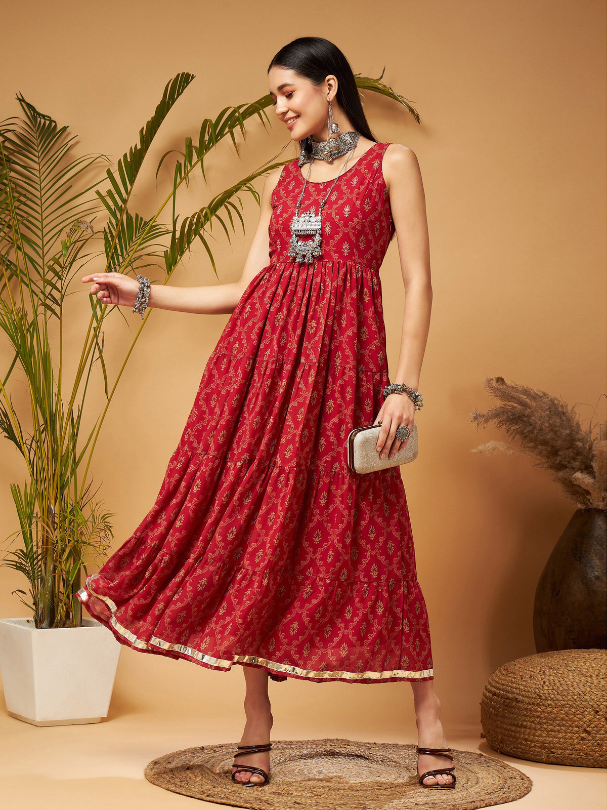 Maroon Embroidered Sleeveless Tiered Dress-Shae by SASSAFRAS