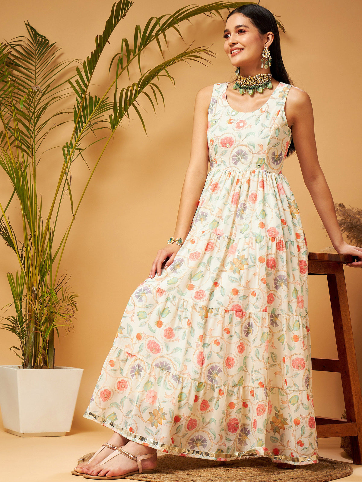Beige Embroidered Sleeveless Tiered Dress-Shae by SASSAFRAS