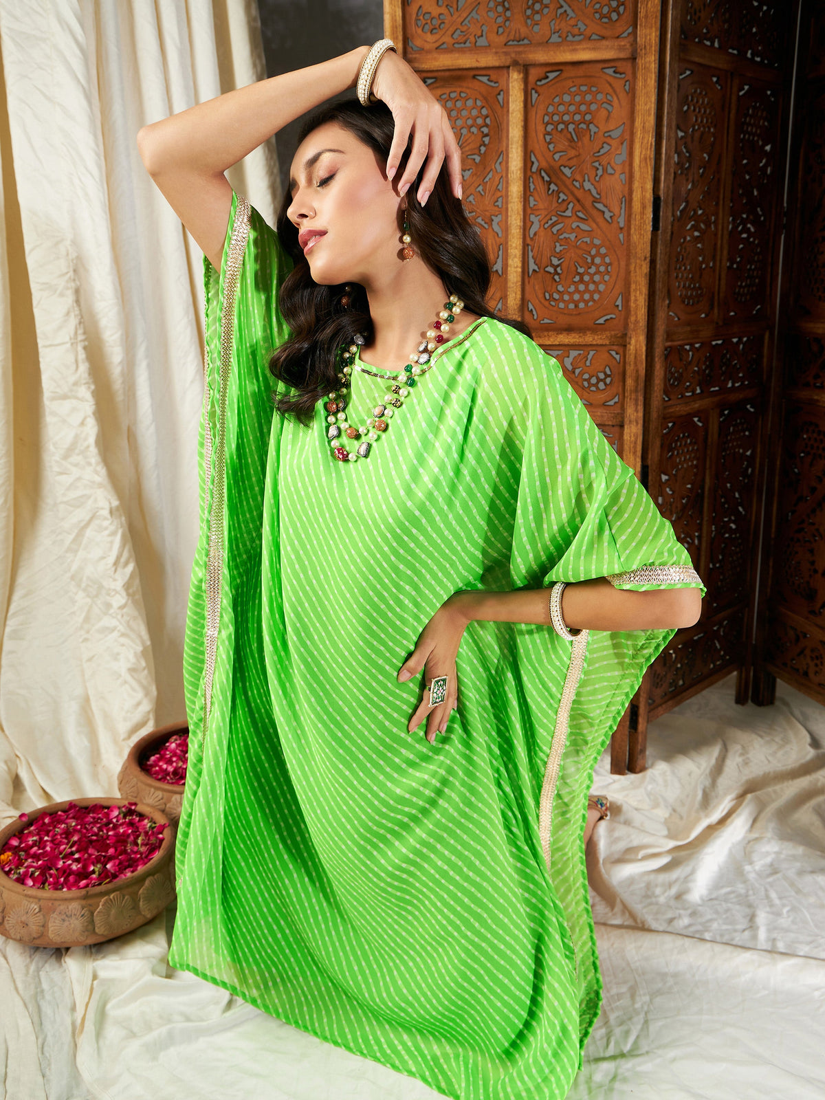 Green Lehariya Kaftan With Slip-Shae by SASSAFRAS