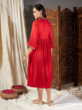 Red Collar Neck Gathered Dress-Shae by SASSAFRAS