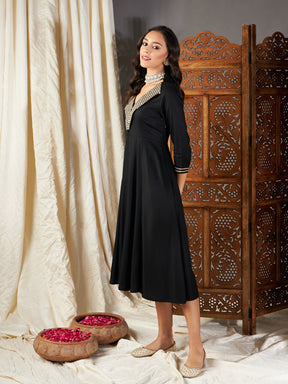 Black Zari Embroidered A-Line Dress-Shae by SASSAFRAS