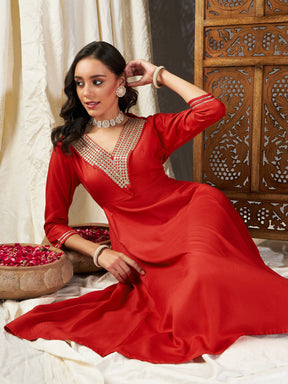 Red Zari Embroidered A-Line Dress-Shae by SASSAFRAS