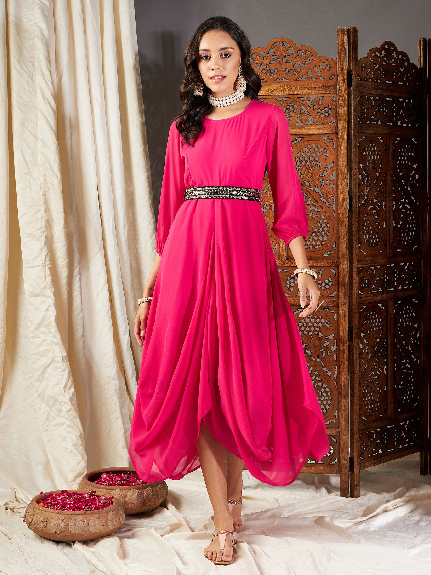 Fuchsia Embroidered Belt Dhoti Dress-Shae by SASSAFRAS