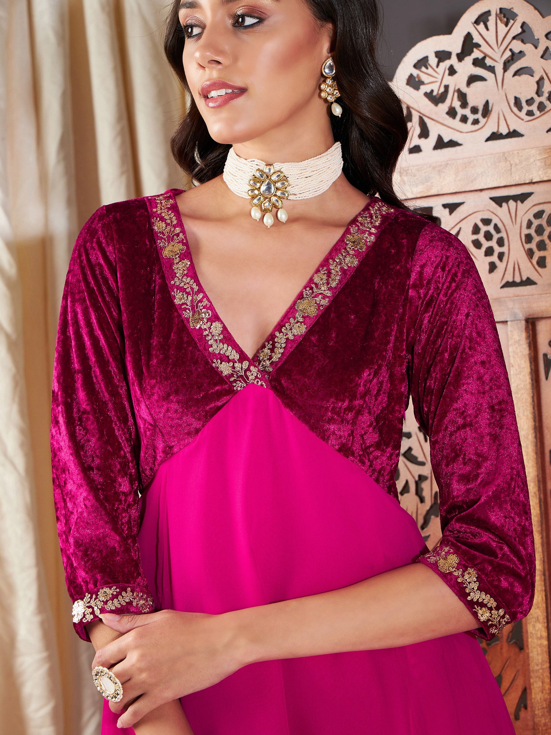 Fuchsia Embroidered V-Neck Dress-Shae by SASSAFRAS