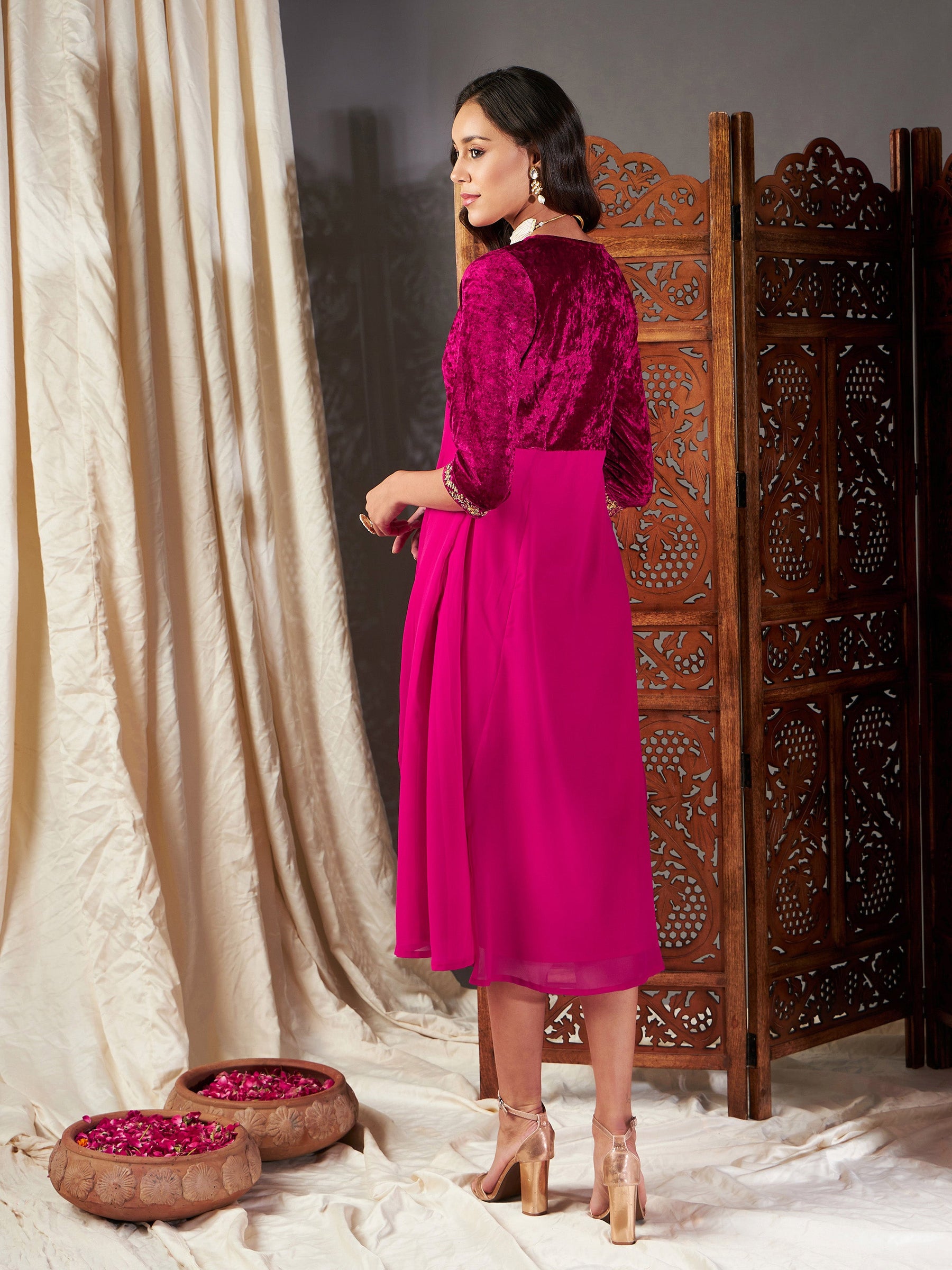 Fuchsia Embroidered V-Neck Dress-Shae by SASSAFRAS