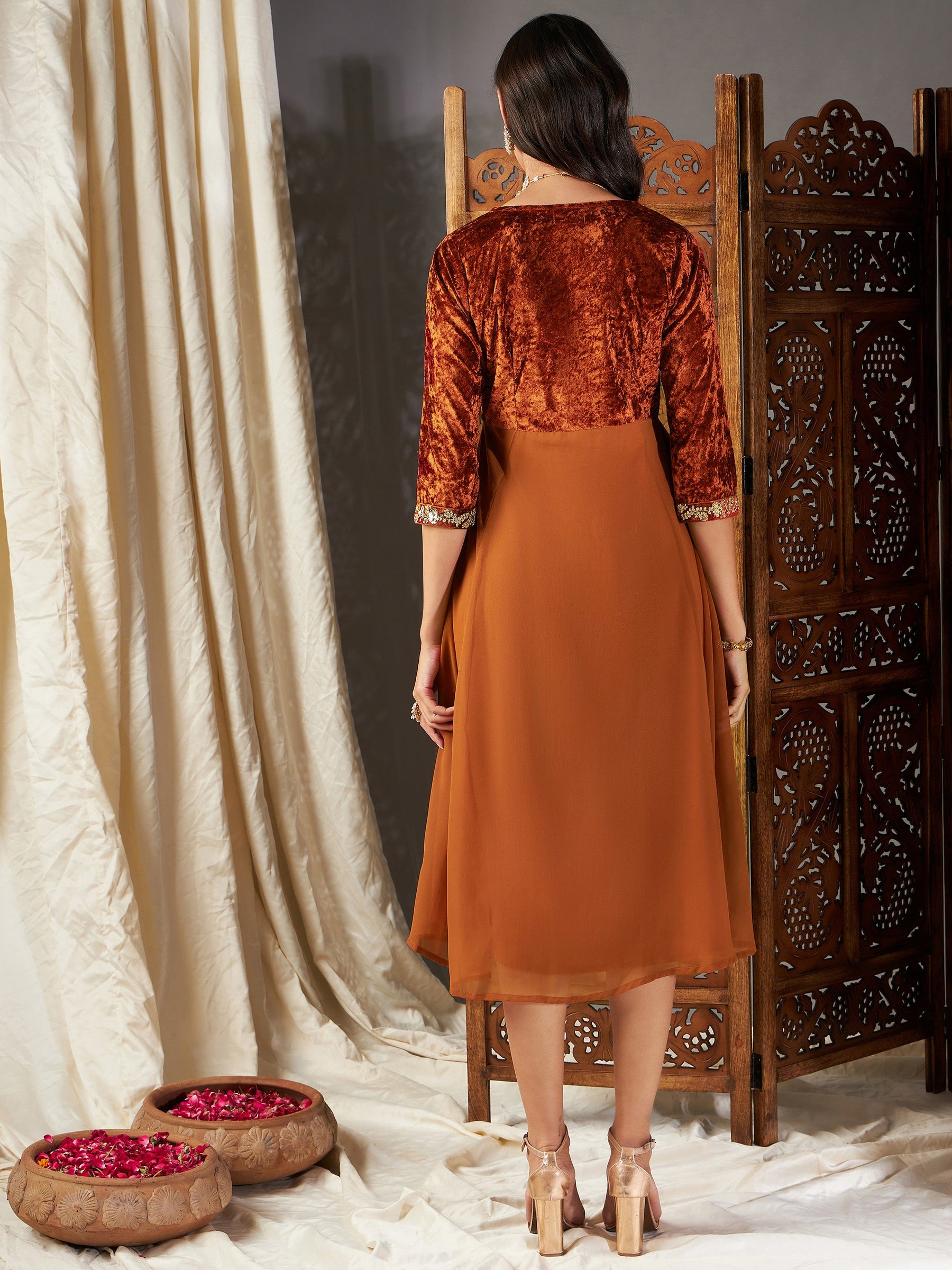 Rust Embroidered V-Neck Dress-Shae by SASSAFRAS