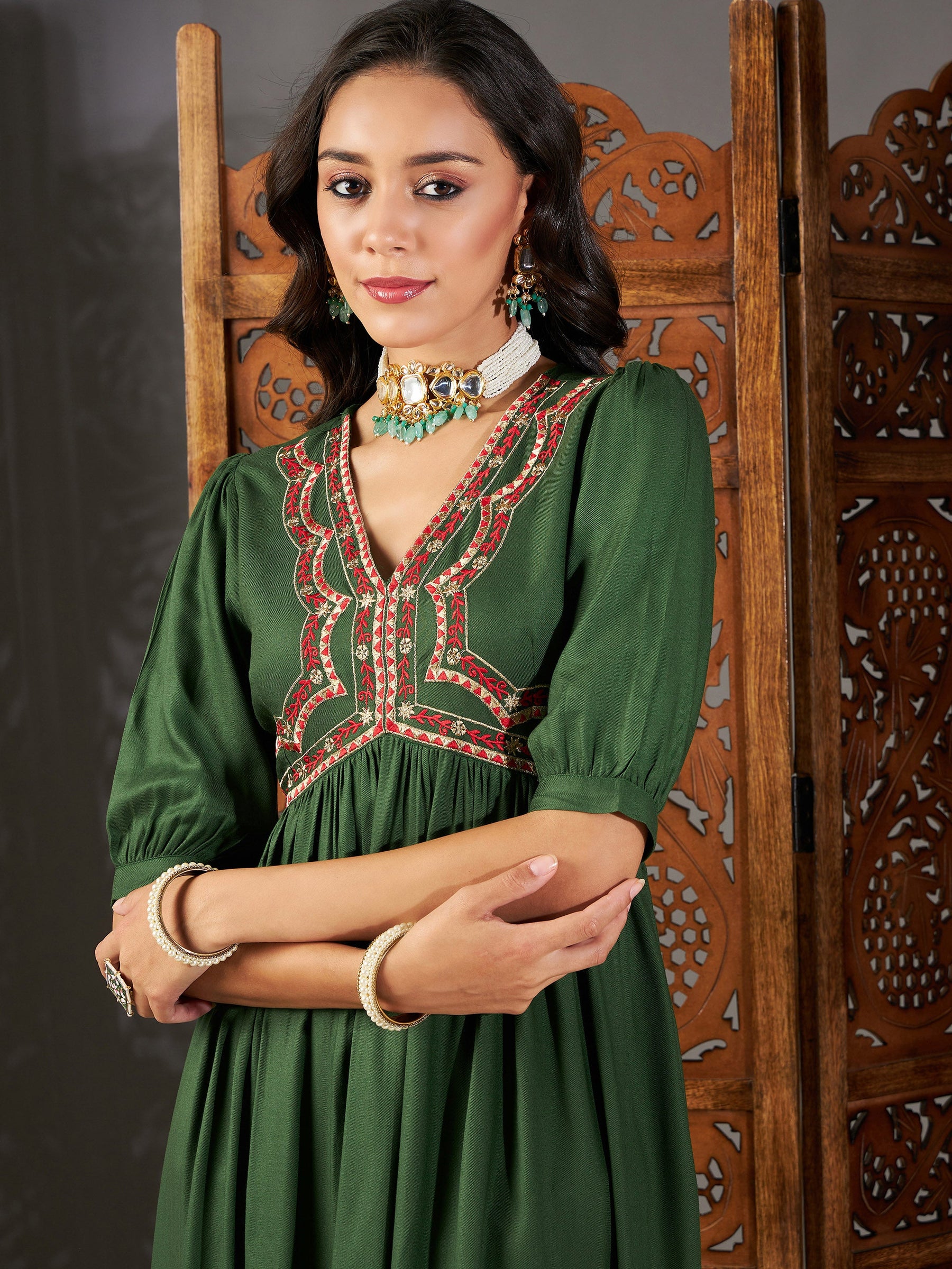 Green Embroidered Yoke Gathered Dress-Shae by SASSAFRAS