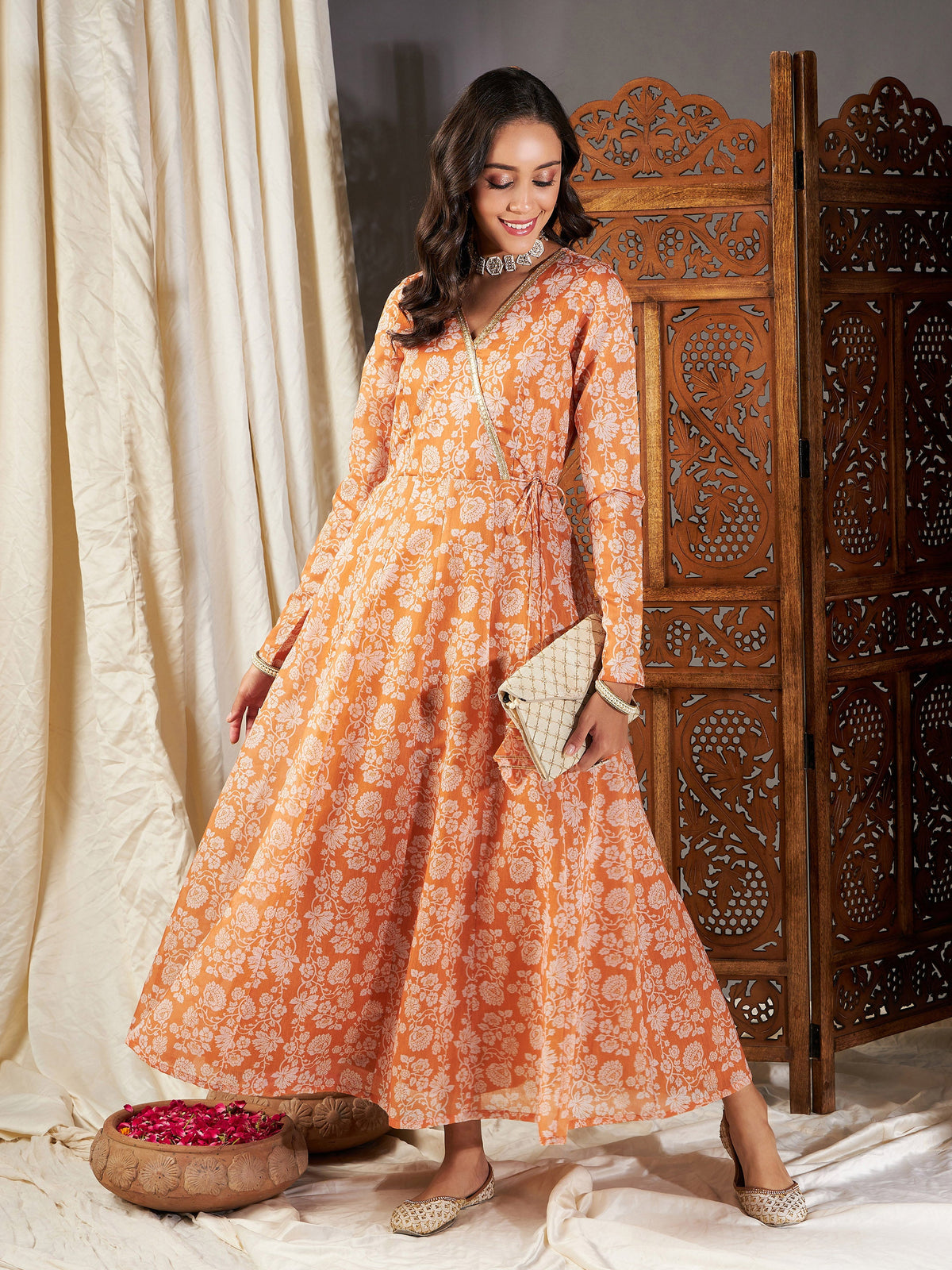 Mustard Floral Wrap Anarkali Maxi Dress-Shae by SASSAFRAS