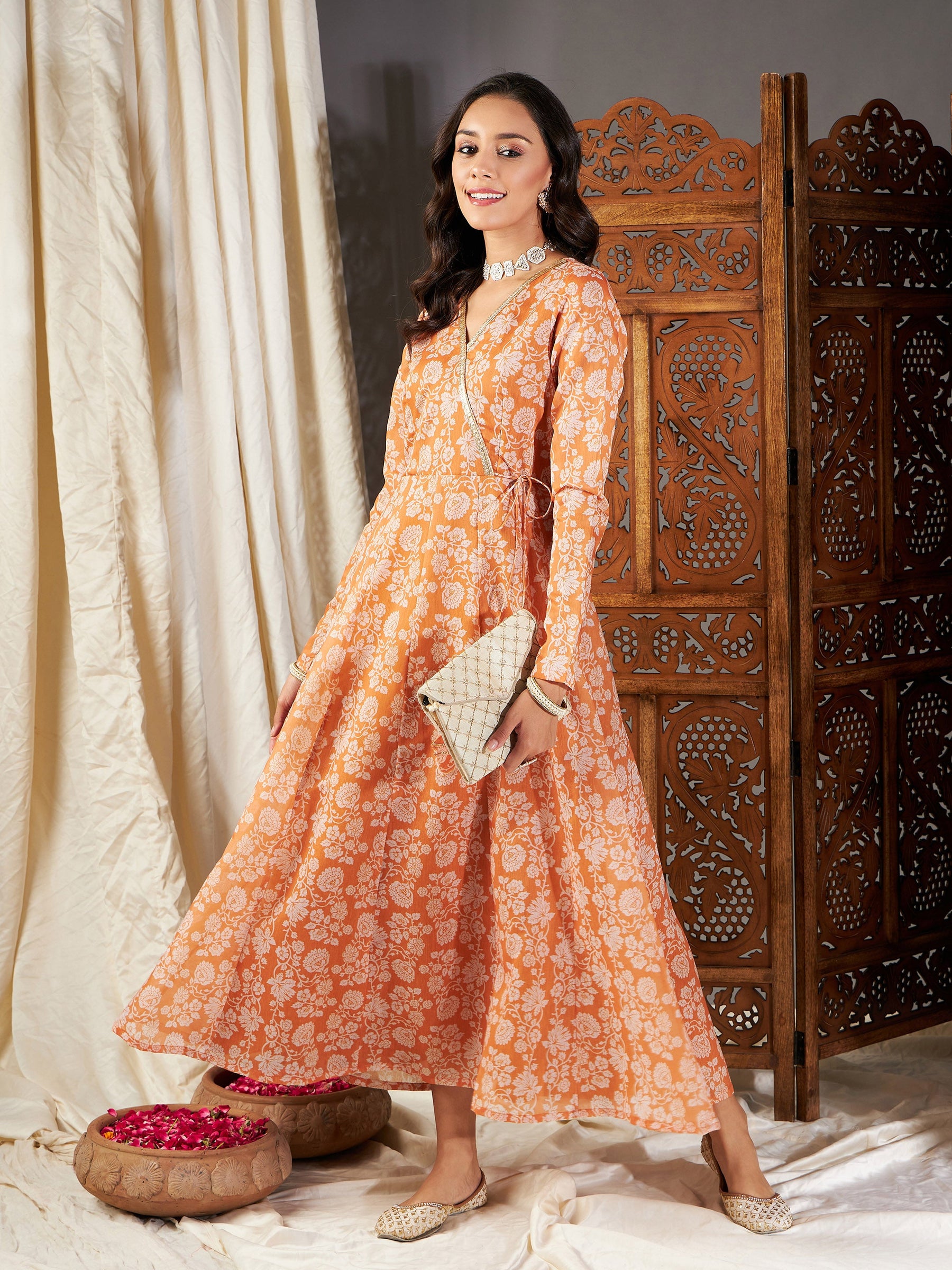 Mustard Floral Wrap Anarkali Maxi Dress-Shae by SASSAFRAS