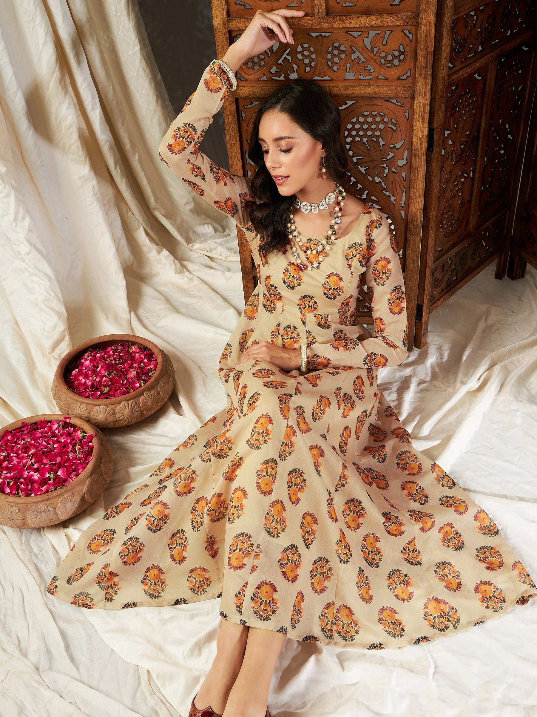 Beige Floral Anarkali Maxi Dress-Shae by SASSAFRAS