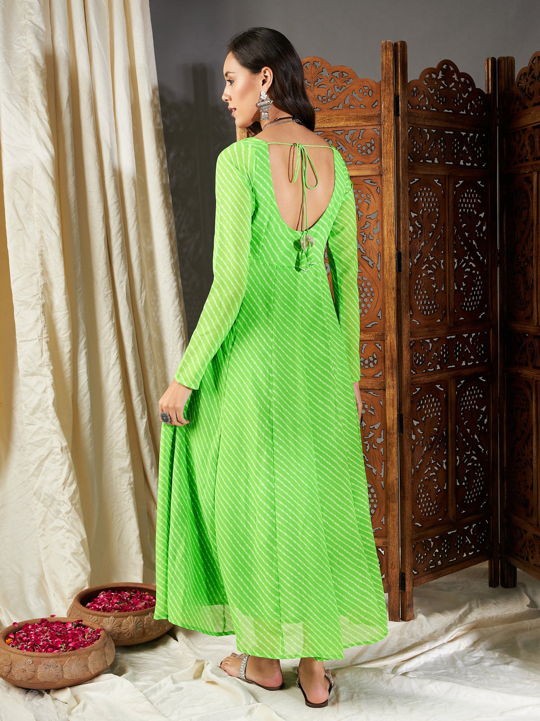 Green Lehariya Anarkali Dress-Shae by SASSAFRAS