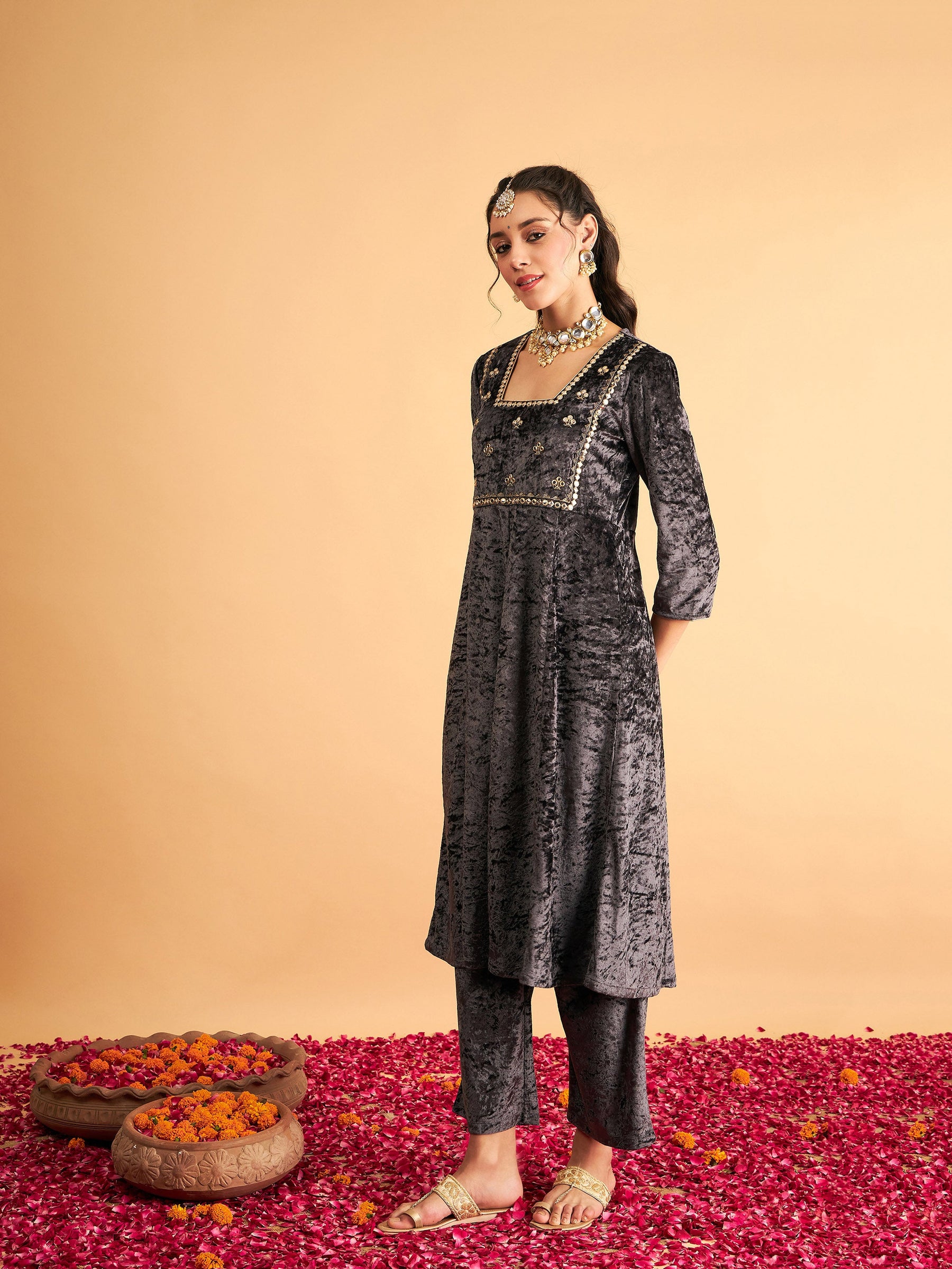 Grey Velvet Embroidered Anarkali Dress-Shae by SASSAFRAS