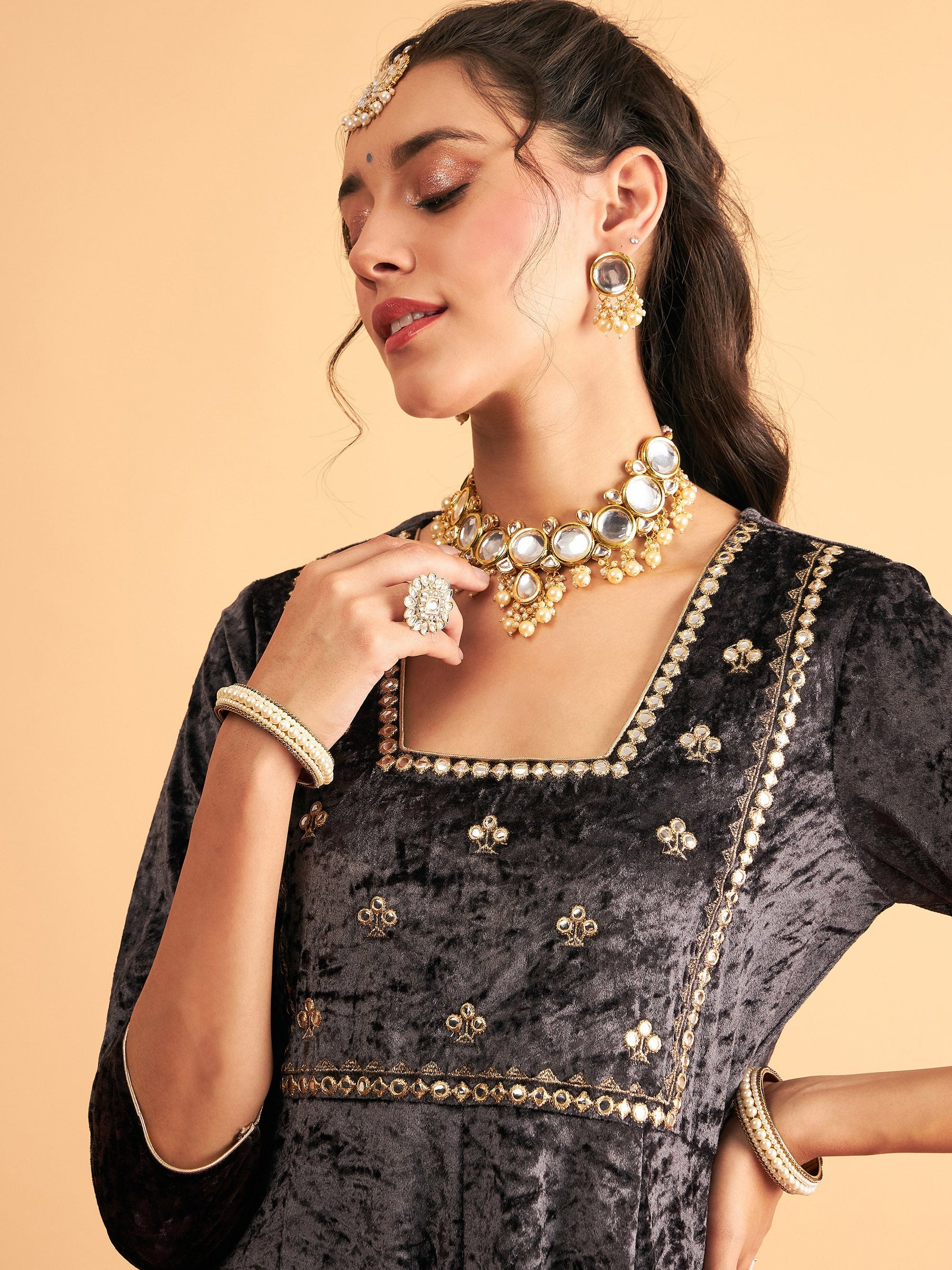 Grey Velvet Embroidered Anarkali Dress-Shae by SASSAFRAS