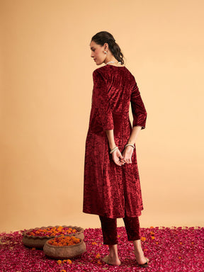 Maroon Velvet Embroidered Anarkali Dress-Shae by SASSAFRAS