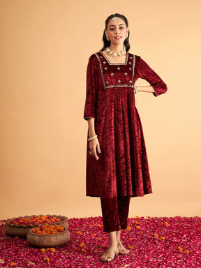 Maroon Velvet Embroidered Anarkali Dress-Shae by SASSAFRAS
