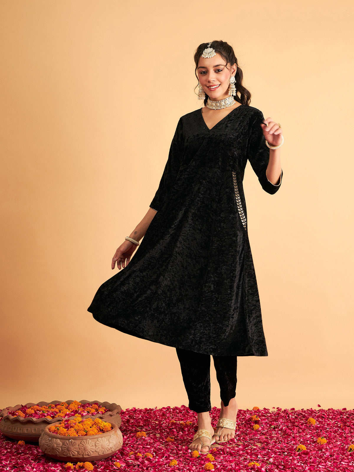 Black Velvet Embroidered Pocket Anarkali Dress-Shae by SASSAFRAS