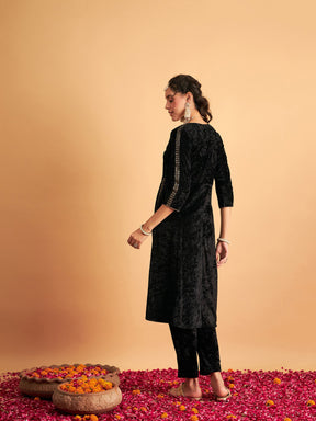 Black Velvet Embroidered Pocket Anarkali Dress-Shae by SASSAFRAS
