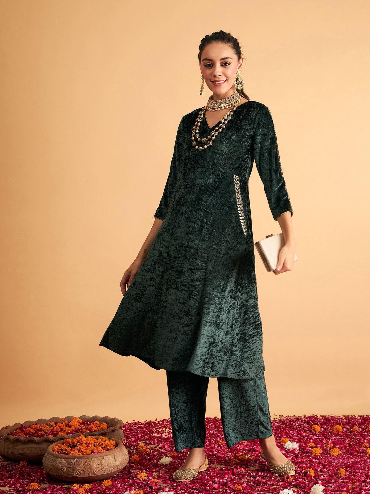 Emerald Velvet Embroidered Pocket Anarkali Dress-Shae by SASSAFRAS