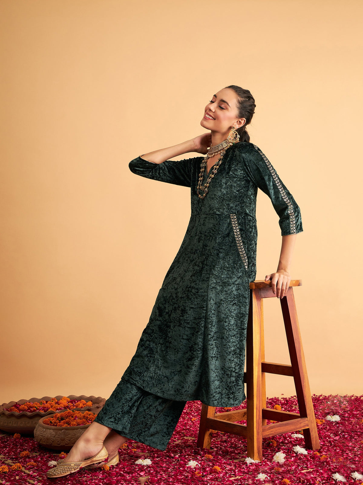 Emerald Velvet Embroidered Pocket Anarkali Dress-Shae by SASSAFRAS