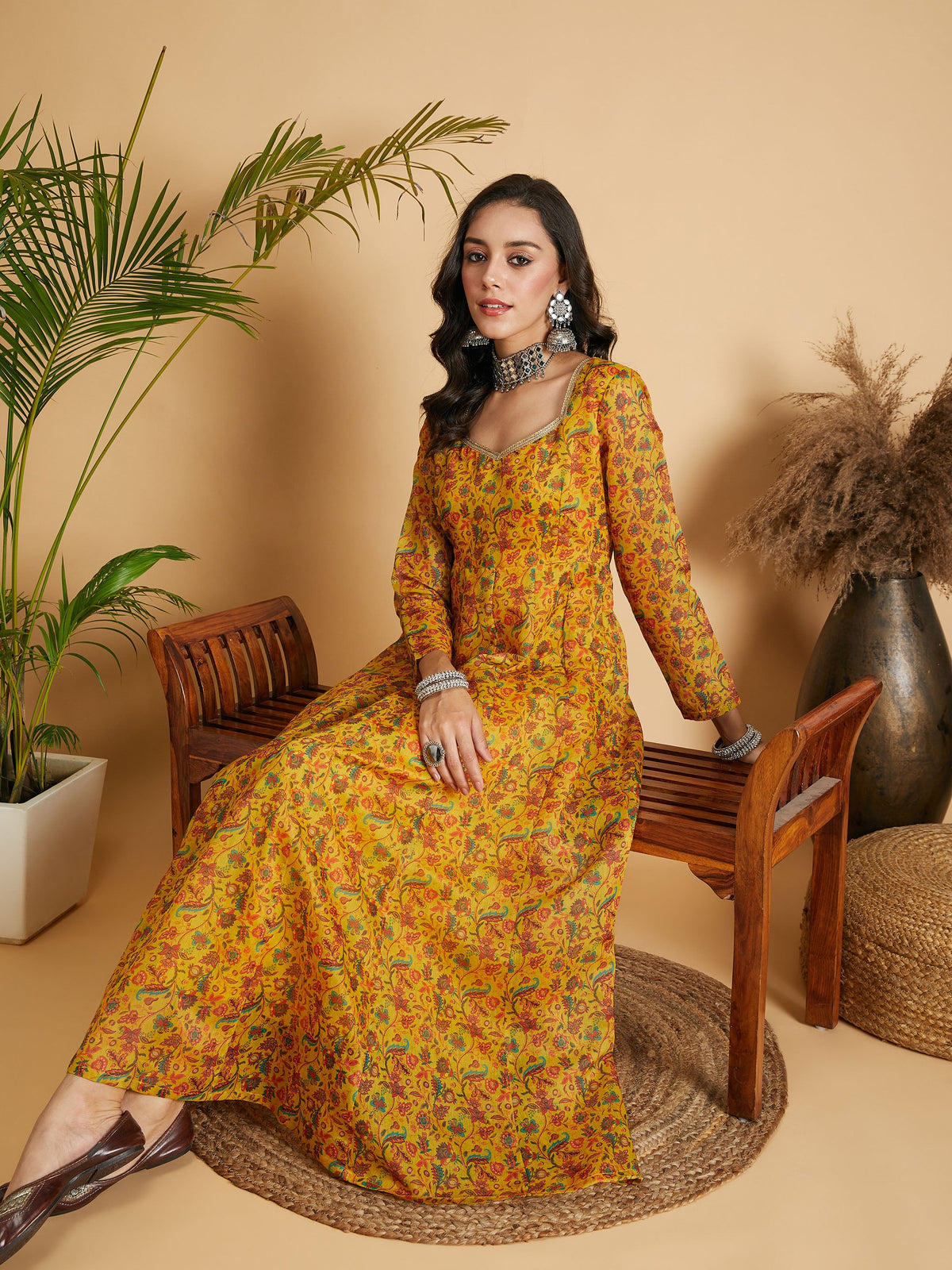 Mustard Floral Anarkali Maxi Dress-Shae by SASSAFRAS