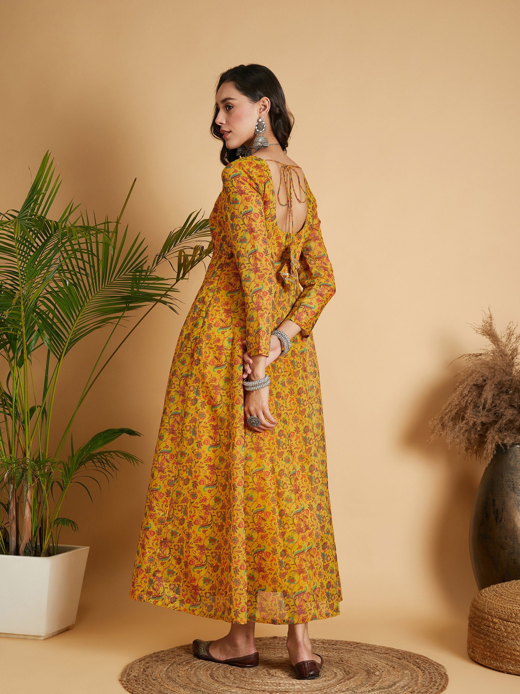Mustard Floral Anarkali Maxi Dress-Shae by SASSAFRAS