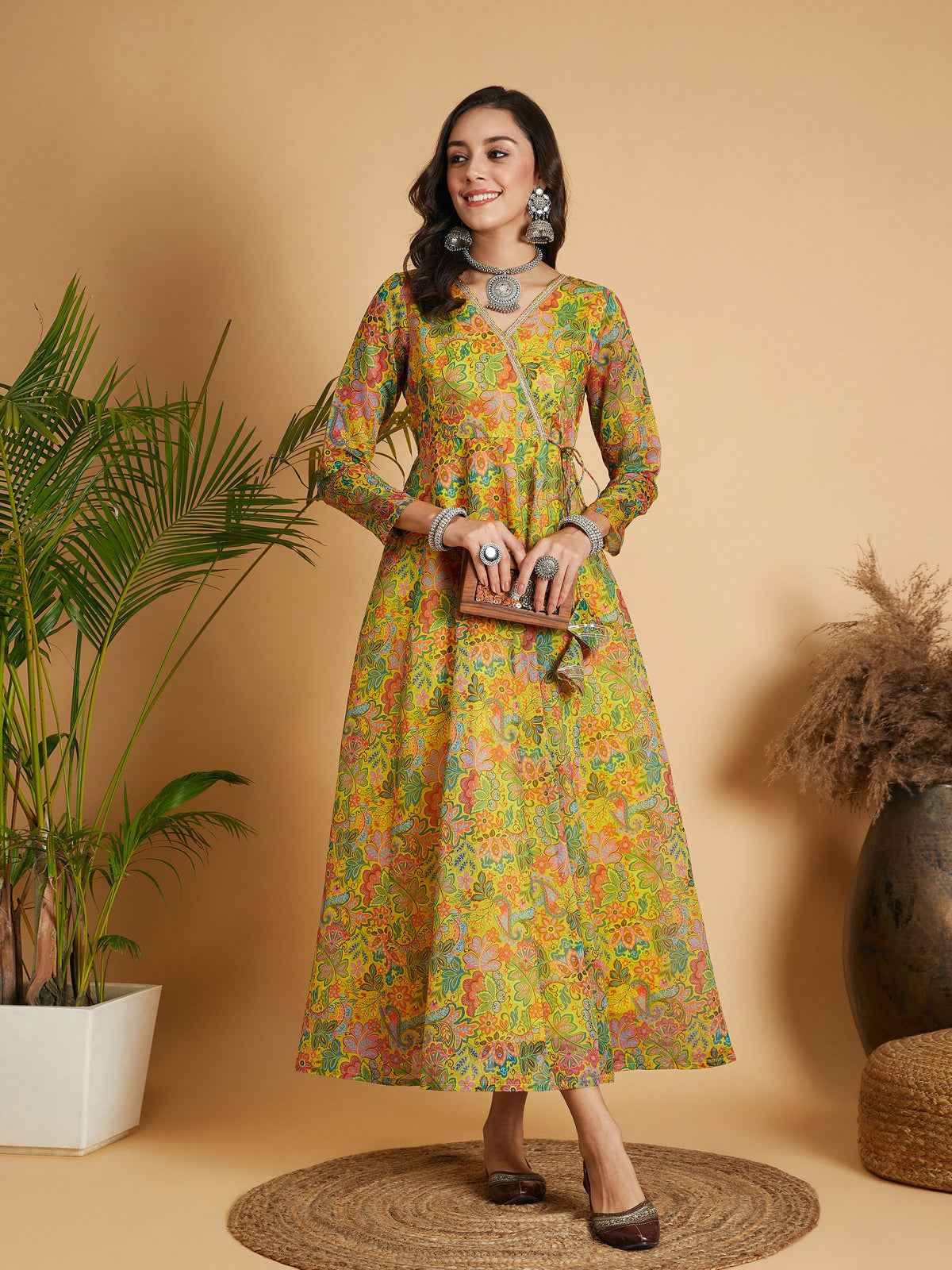 Lemon Yellow Floral Anarkali Maxi Dress-Shae by SASSAFRAS