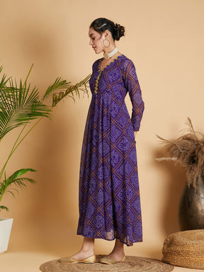 Purple & White Bandhej Anarkali Dress-Shae by SASSAFRAS