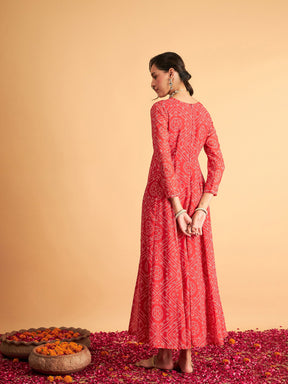 Red & White Bandhej Anarkali Dress-Shae by SASSAFRAS